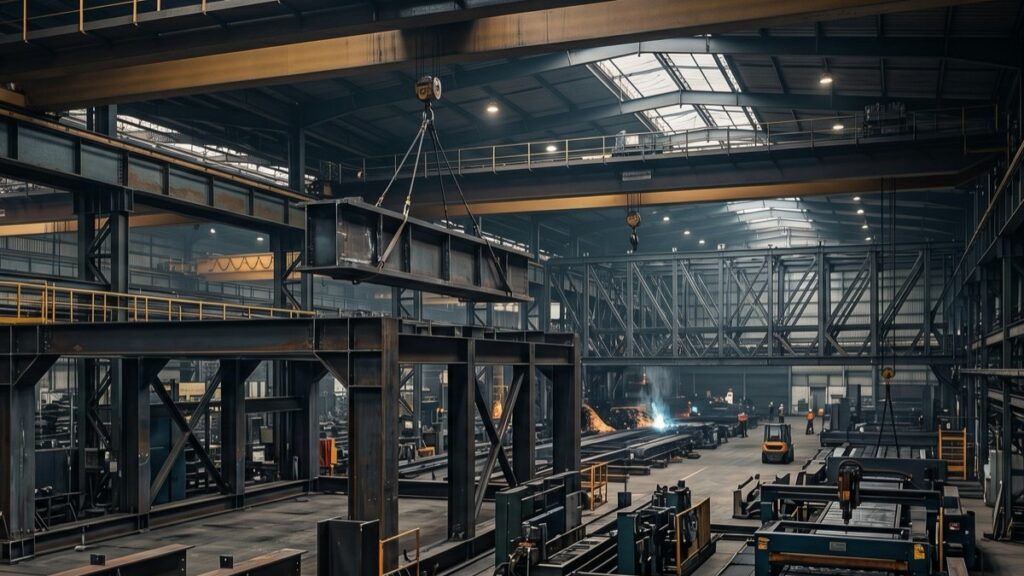 Цех металлоконструкций: фермы и балки на монтаже