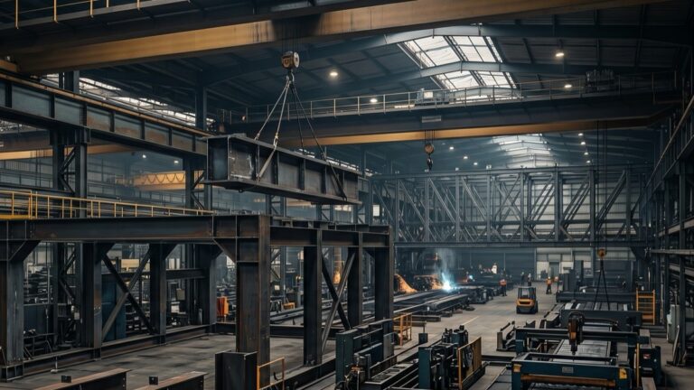 Цех металлоконструкций: фермы и балки на монтаже